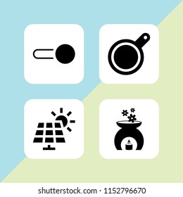 heat icon. 4 heat set with pan, solar panel, switch and candle vector icons for web and mobile app