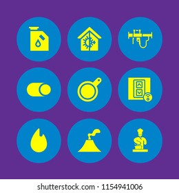 heat icon. 9 heat set with switch, pan, fire and volcano vector icons for web and mobile app