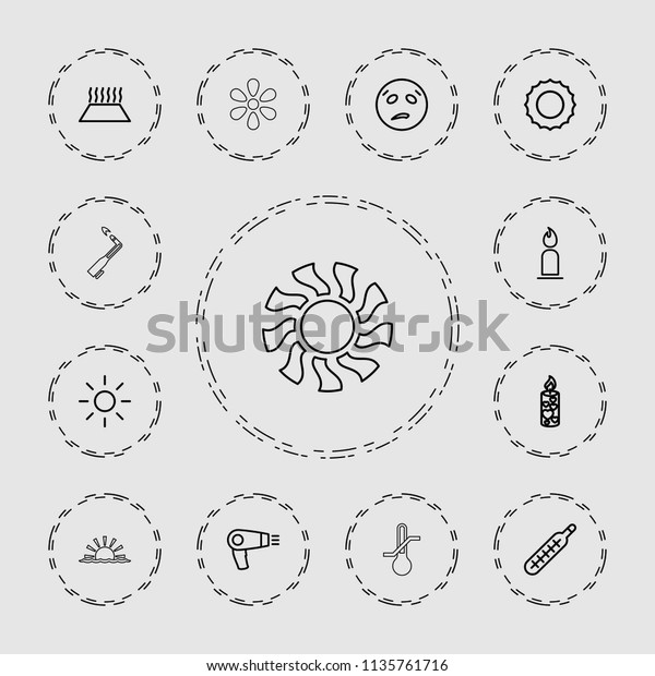 Heat icon.\
collection of 13 heat outline icons such as hair dryer, candle,\
sun, sweating emot, thermometer, heating system in car. editable\
heat icons for web and\
mobile.