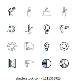 Heat icon. collection of 16 heat outline icons such as hair dryer, sun, air balloon, thermometer, brightness, temperature, torch. editable heat icons for web and mobile.