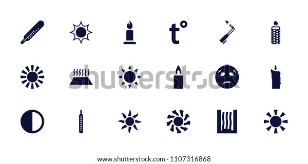 Heat icon. collection of\
18 heat filled icons such as sun, thermometer, candle, sweating\
emot, brightness, heating system in car. editable heat icons for\
web and mobile.