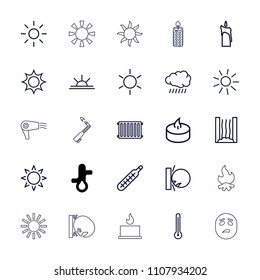 Heat icon. collection of 25 heat outline icons such as sun, sun rise, thermometer, candle, radiator, hair dryer, blowtorch. editable heat icons for web and mobile.
