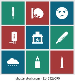 Heat icon. collection of 9 heat filled icons such as thermometer, sweating emot, candle, fireplace, geyser. editable heat icons for web and mobile.