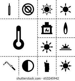 Heat icon. set of 13 filled heaticons such as sun, blowtorch, sun rise, no brightness, thermometer, brightness, fireplace, candle, flame