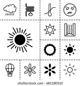 Heat icon. set of 13 filled and outline heat icons such as sun, thermometer, heating system, sweating emot