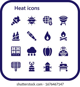 heat icon set. 16 filled heat icons. Included Torch, Sun, Global warming, Bbq, Candle, Thermometer, Fire, Bonfire, Burner, Rain, Pepper, Eruption, Grill, Camping gas, Hydrant icons