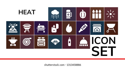 heat icon set. 19 filled heat icons.  Simple modern icons about  - Rain, Volcano, Bbq, Hose, Oven, Fan, Thermometer, Beanie, Grill, Lighter, Fire, Fireplace, Pepper, Candles