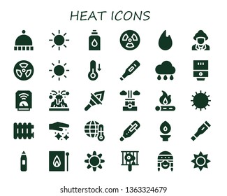 heat icon set. 30 filled heat icons.  Collection Of - Beanie, Sun, Conditioner, Radiation, Fire, Firefighter, Temperature, Thermometer, Rain, Water heater, Heater, Volcano, Torch