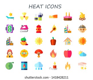 heat icon set. 30 flat heat icons.  Simple modern icons about  - sun, radiator, thermo, dunes, candle, campfire, air hockey, iron, fire hydrant, match, candles, hell, pepper, fireplace