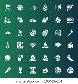 heat icon set. Collection of 36 filled heat icons included Radiation, Thermometer, Bonfire, Volcano, Mercury, Chili, Firefighter, Fire, Lighter, Rain, Pepper, Fan, Campfire, Heat