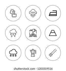 Heat icon set. collection of 9 outline heat icons with barbecue, geyser, grill, lighter, iron, rain, raining icons. editable icons.