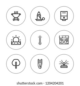 Heat icon set. collection of 9 outline heat icons with bbq, candle, hair straightener, fan, fireplace, sunrise, thermometer, sprinkler icons. editable icons.