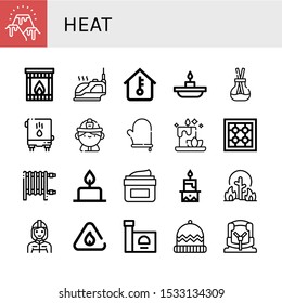 heat icon set. Collection of Lava, Fireplace, Iron, Temperature, Candle, Scent, Water heater, Firefighter, Oven mitt, Stove, Heater, Moisturizing, Wildfire, Flammable, Winter hat icons