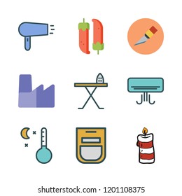 heat icon set. vector set about cutter, factory, air conditioner and iron board icons set.