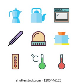heat icon set. vector set about thermometer, toaster, kettle and winter hat icons set.