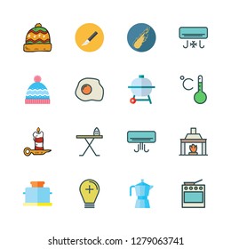 heat icon set. vector set about candle, barbecue, light bulb and winter hat icons set.