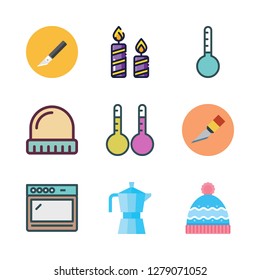 heat icon set. vector set about cutter, winter hat, oven and thermometers icons set.