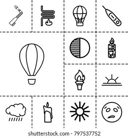 Heat icons. set of 13 editable outline heat icons such as sun, sweating emot, air balloon, sun rise, candle, thermometer, brightness, heating system, torch