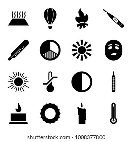 Heat icons. set of 16 editable filled heat icons such as thermometer, sun, brightness, candle, heating system in car, bonfire, air balloon