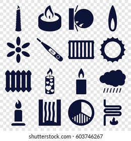 Heat icons set. set of 16 heat filled icons such as sun, candle, heat the wall emot, thermometer, brightness, flame, heating system