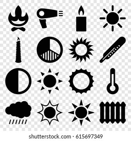 Heat icons set. set of 16 heat filled icons such as sun, thermometer, hair dryer, candle, brightness, temperature, radiator