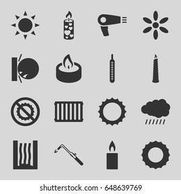 Heat icons set. set of 16 heat filled icons such as sun, hair dryer, blowtorch, heat the wall emot, no brightness, candle, thermometer, radiator