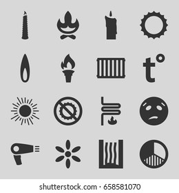 Heat icons set. set of 16 heat filled icons such as hair dryer, sun, sweating emot, no brightness, brightness, candle, flame, heating system, radiator, temperature, torch