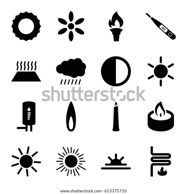 Heat icons set. set of 16 heat\
filled icons such as sun, sun rise, thermometer, candle,\
brightness, geyser, flame, heating system, heating system in\
car