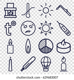 Heat icons set. set of 16 heat outline icons such as sun, thermometer, candle, blowtorch, brightness, flame, temperature, sweating emot, fireplace