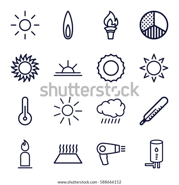 heat icons set. Set of\
16 heat outline icons such as sun, thermometer, hair dryer, candle,\
sun rise, brightness, geyser, flame, temperature, heating system in\
car