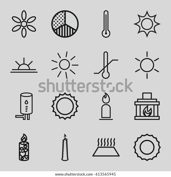 Heat\
icons set. set of 16 heat outline icons such as sun, candle, sun\
rise, thermometer, brightness, fireplace,\
geyser