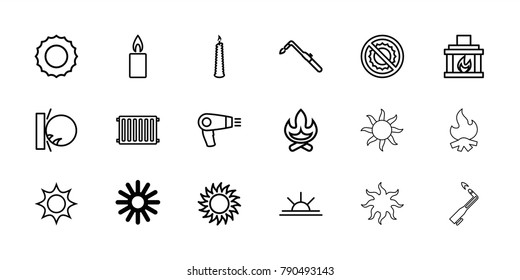 Heat icons. set of 18 editable outline heat icons: hair dryer, blowtorch, sun, heat the wall emot, bonfire, sun rise, no brightness, candle, fireplace