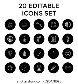 Heat icons. set of 20 editable outline heat icons such as sun, thermometer, blowtorch, sweating emot, fireplace, candle. best quality heat elements in trendy style.