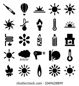 Heat icons. set of 25 editable filled heat icons such as sun, heat the wall emot, fireplace, sun rise, candle, thermometer, flame, heating system, temperature, torch