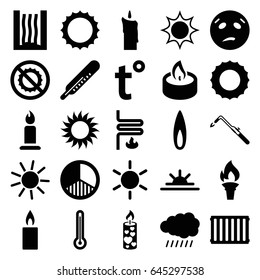 Heat icons set. set of 25 heat filled icons such as sun, thermometer, candle, blowtorch, sweating emot, sun rise, no brightness, brightness, flame, heating system, radiator