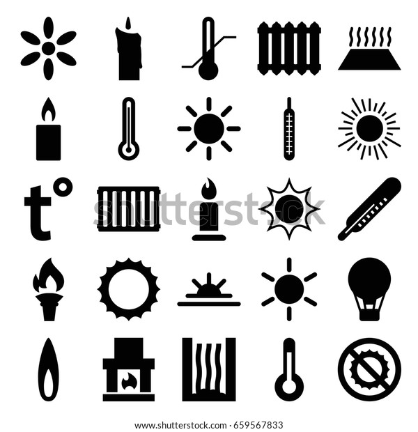 Heat icons set. set of 25\
heat filled icons such as sun, thermometer, candle, sun rise, no\
brightness, flame, temperature, radiator, heating system in car,\
torch
