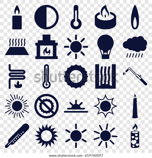 Heat icons set. set of\
25 heat filled icons such as sun, thermometer, blowtorch, sun rise,\
no brightness, candle, brightness, fireplace, flame, heating\
system, temperature