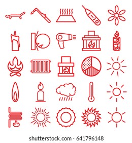 Heat icons set. set of 25 heat outline icons such as sun, hair dryer, candle, blowtorch, thermometer, brightness, fireplace, flame, heating system, radiator