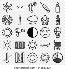 Heat icons set. set of 25 heat outline icons such as sun, hair dryer, sun rise, no brightness, thermometer, candle, brightness, heating system, radiator, temperature