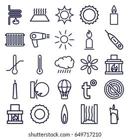 Heat icons set. set of 25 heat outline icons such as sun, hair dryer, candle, no brightness, thermometer, fireplace, flame, heating system, radiator, heating system in car