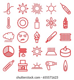 Heat Icons Set. Set Of 25 Heat Outline Icons Such As Sun, Thermometer, Hair Dryer, Sun Rise, Candle, Brightness, Flame, Heating System, Radiator, Heating System In Car, Torch