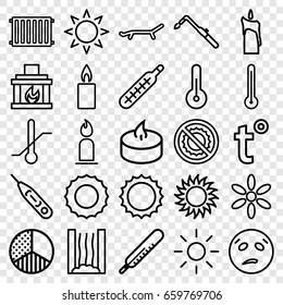 Heat icons set. set of 25 heat outline icons such as sun, thermometer, candle, blowtorch, no brightness, brightness, fireplace, temperature, radiator, heating system