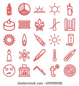Heat icons set. set of 25 heat outline icons such as sun, thermometer, candle, blowtorch, sun rise, no brightness, brightness, fireplace, geyser, flame, radiator, temperature
