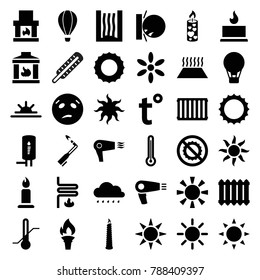 Heat icons. set of 36 editable filled heat icons such as sun, hair dryer, candle, sweating emot, heat the wall emot, air balloon, fireplace, sun rise, no brightness