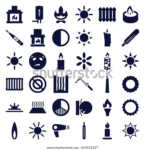 Heat icons set. set\
of 36 heat filled icons such as sun, thermometer, hair dryer,\
candle, blowtorch, sweating emot, heat the wall emot, sun rise, no\
brightness, brightness