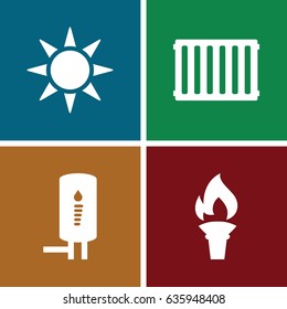 Heat icons set. set of 4 heat filled icons such as geyser, radiator, torch