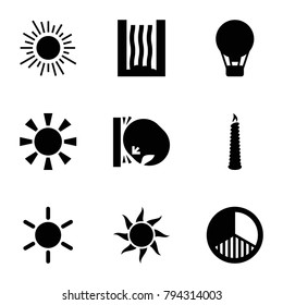 Heat icons. set of 9 editable filled heat icons such as sun, air balloon, brightness, candle, heating system