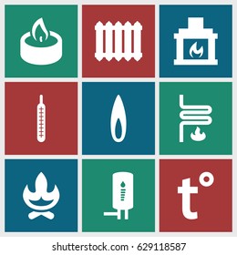 Heat icons set. set of 9 heat filled icons such as thermometer, candle, fireplace, geyser, flame, heating system, radiator, temperature