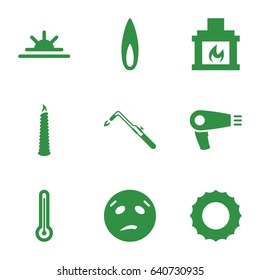 Heat icons set. set of 9 heat filled icons such as hair dryer, blowtorch, sweating emot, sun rise, fireplace, candle, flame, thermometer