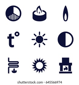 Heat icons set. set of 9 heat filled icons such as sun, candle, brightness, flame, heating system, temperature